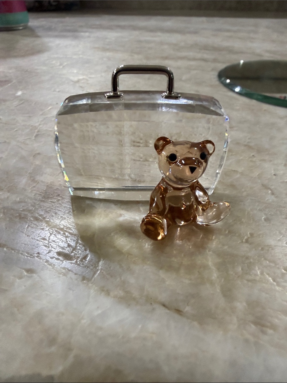 Swarovski Amber Glass Teddy Figurine with Clear Crystal Handbag